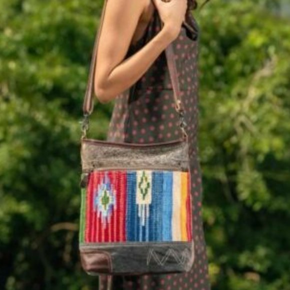 Myra Bag Handbags - NEW Blue Technicolor Canvas Leather Shoulder Bag